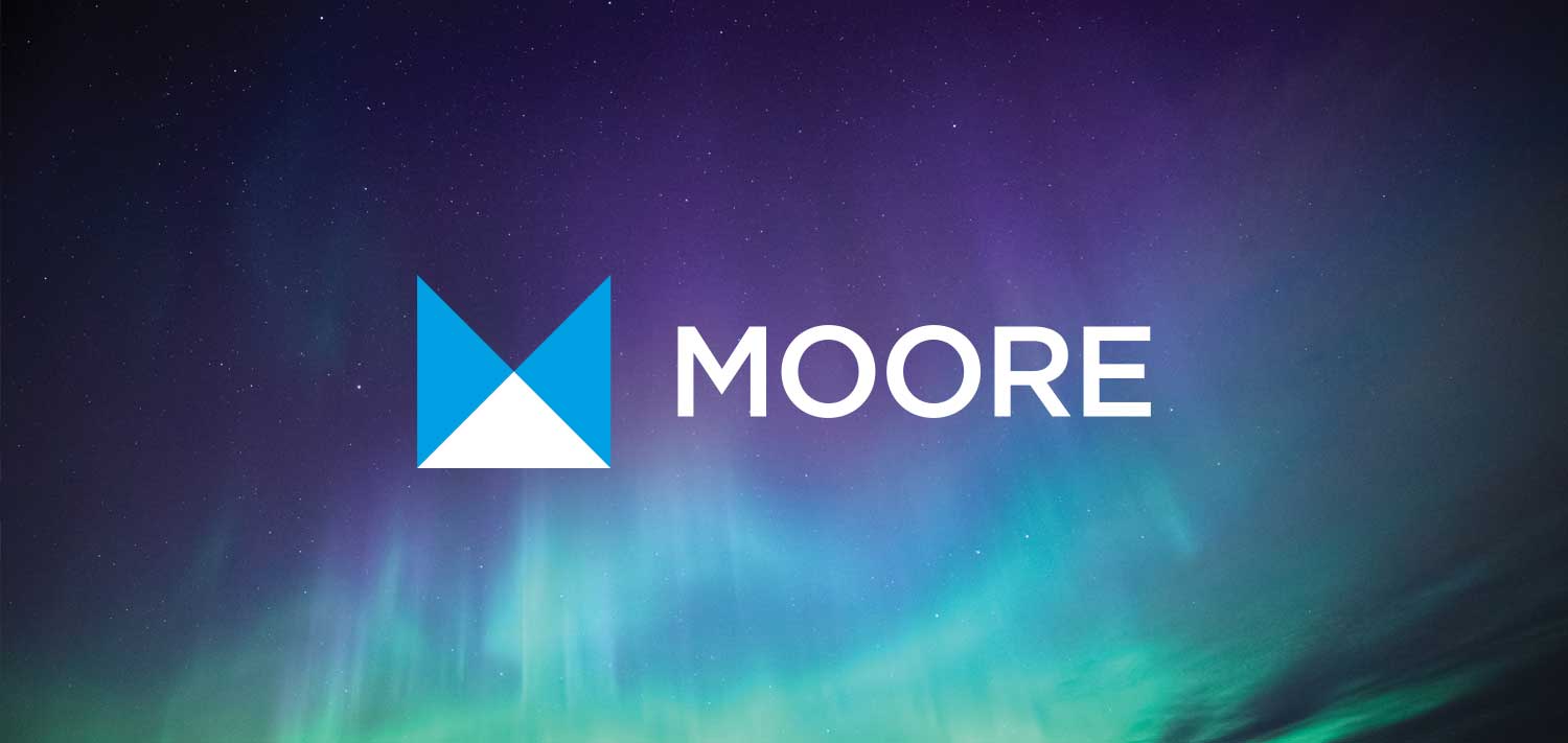 Moore logo over image of aurora
