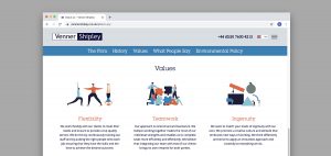 Venner Shipley values website page with iconography